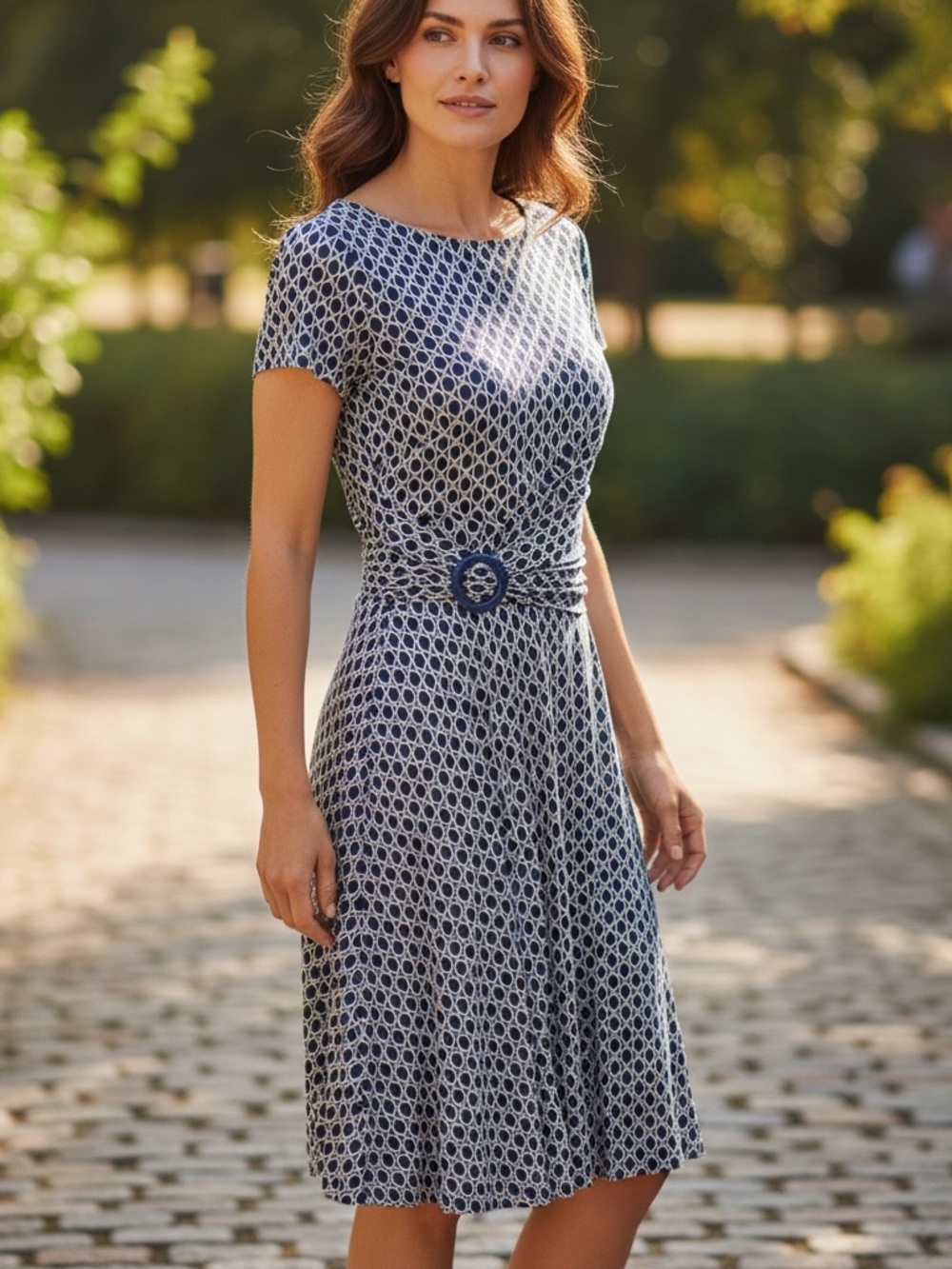 Perceptions Royal Blue & White Short Sleeve Geometric IntFit & Flare Dress Small